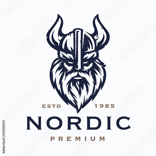 Nordic viking logo. Norse warrior symbol. Fierce horned barbarian helmet icon. Norseman Odin emblem. Vector illustration.