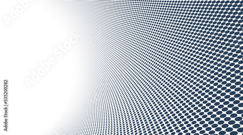 Grey dots in 3D perspective vector abstract background, dotted pattern cool design, wave stream of science technology or business blank template for ads.