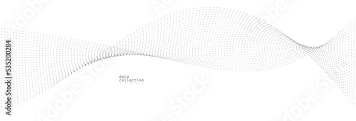 Grey airy particles flow vector design, abstract background with wave of flowing dots array, digital futuristic illustration, nano technology theme.