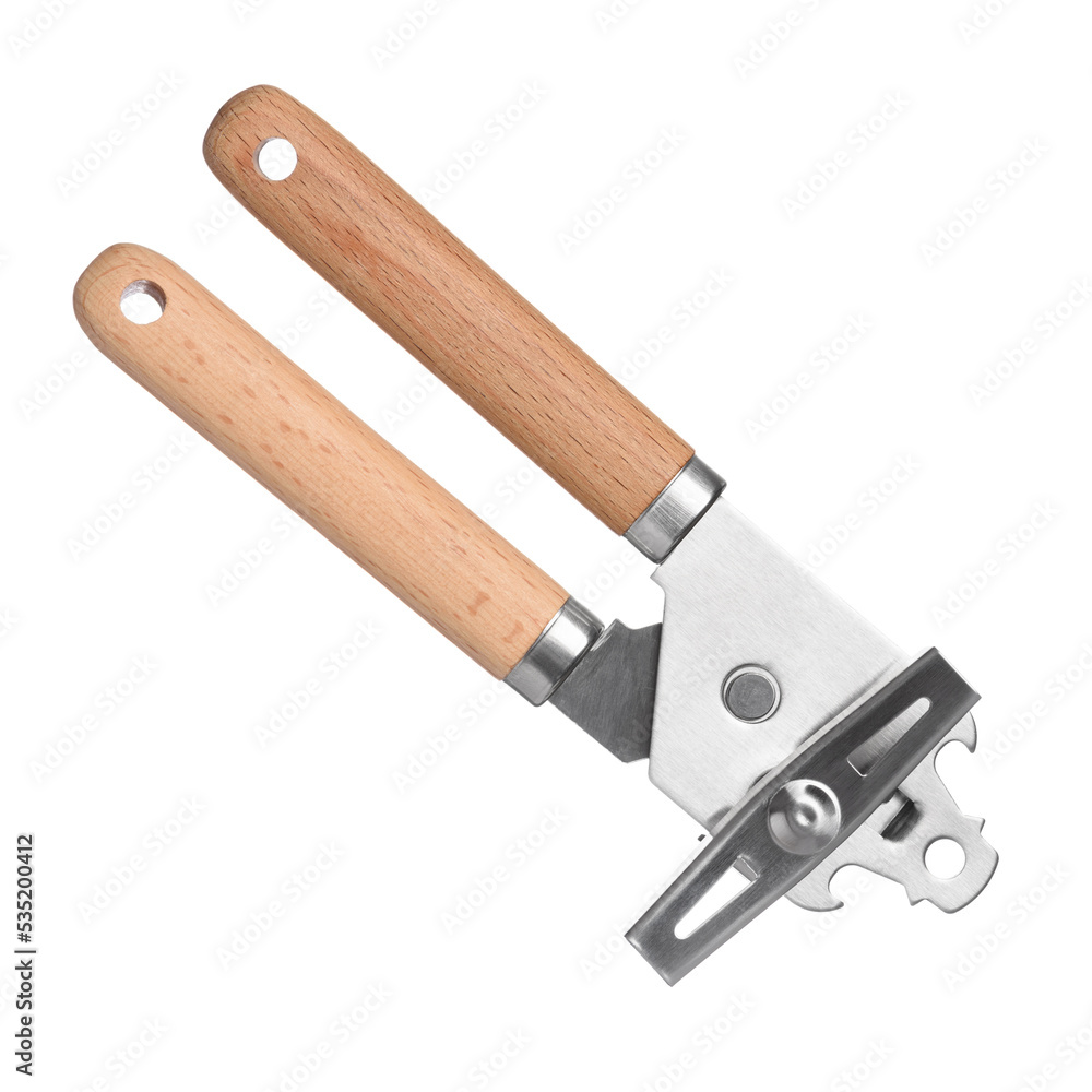 Stainless steel rotating manual tin can opener with wooden handle isolated on white background Stainless steel rotating manual tin can opener with wooden handle isolated on white background
