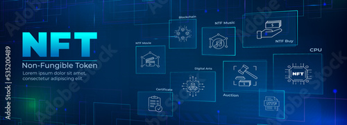NFT non fungible tokens in perspective. NFT banner web icon for business technology, cryptocurrency, blockchain, unique digital items. NFT - concept vector icons set infographics background.