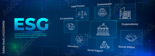 Banner ESG in perspective. Environmental, Social and Corporate Governance Icon Set with keywords for business and organization. Banner for environmental protection related sustainability. Vector