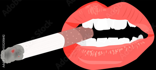Vector illustration of beautiful attractive female lips holding cigarette in the mouth isolated on black background. textile design.