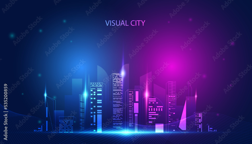 Abstract colorful city concept visual city hologram online city simulation metaever on background blue pink modern