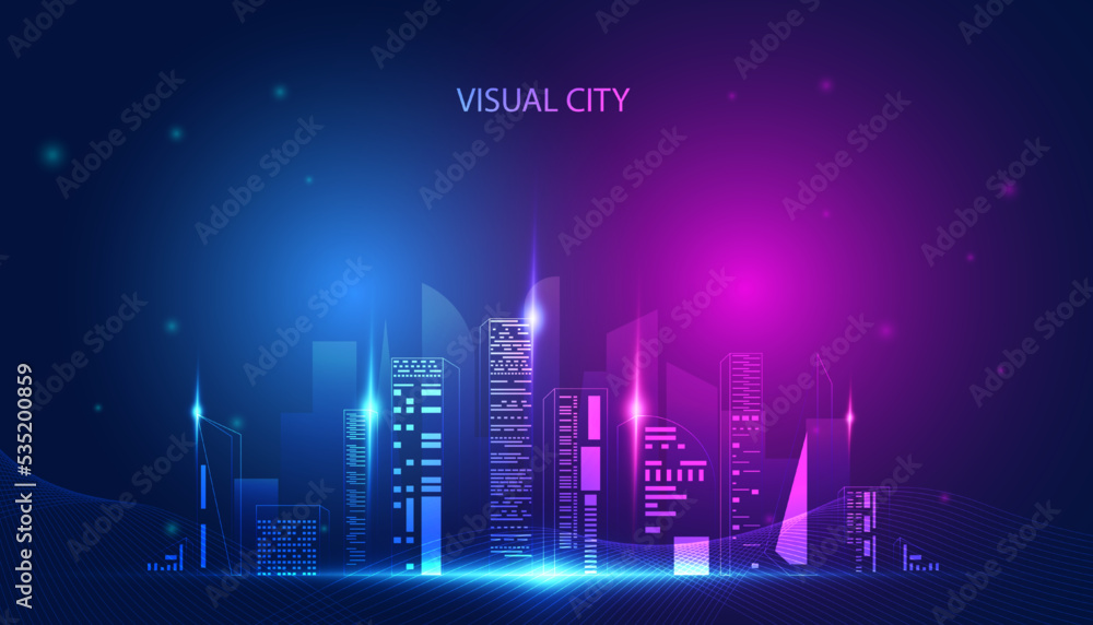Fototapeta premium Abstract colorful city concept visual city hologram online city simulation metaever on background blue pink modern