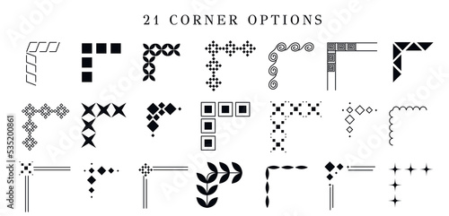 a set of geometric, corner options curbs, objects isolated on a white background. decor, ornament for print, banner, postcard, invitation. vector art  illustration.