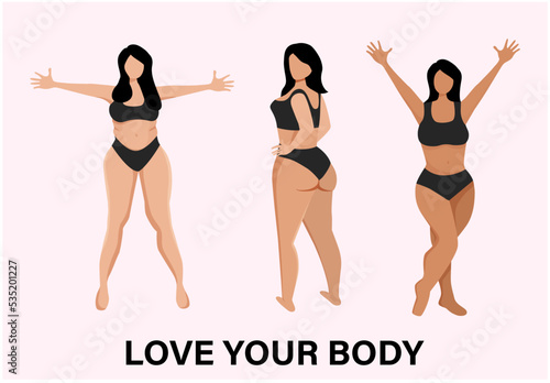 Girls in swimsuits promote body positivity. Characters without a face. Vector stock illustration. White background. Love your body. The beauty. Healthy attitude towards yourself. 