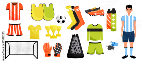 A set of items for sports games. Football activity. Items and attributes for players and goalkeepers. Vector stock illustration. Flat style. Character