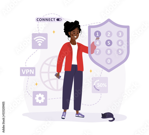 VPN connection. African woman using virtual private network. Password security. Protected access control, privacy data protection. Vector illustration in flat cartoon style. Secure web traffic.