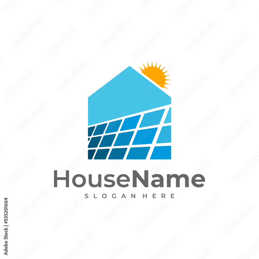 Solar power home logo icon template. Solar panel on roof with house and sun sign. Alternative energy company emblem. Renewable electricity business symbol. Vector illustration.