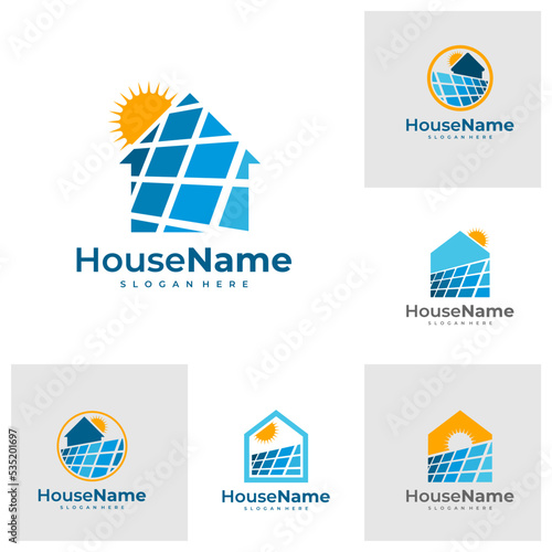 Set of Solar power home logo icon template. Solar panel on roof with house and sun sign. Alternative energy company emblem. Renewable electricity business symbol. Vector illustration.