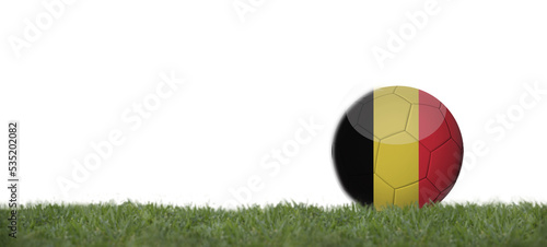 belgium flag on soccer ball on grass  copy space with white background.