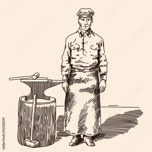 A blacksmith in a special uniform with an apron stands near an anvil with a hammer. Vintage engraving