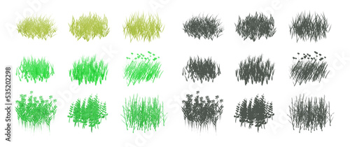 Set of grass vector asset design concept, set of grass and bushes in two styles. Can be used for asset, elements, game assets,map cartoon asset