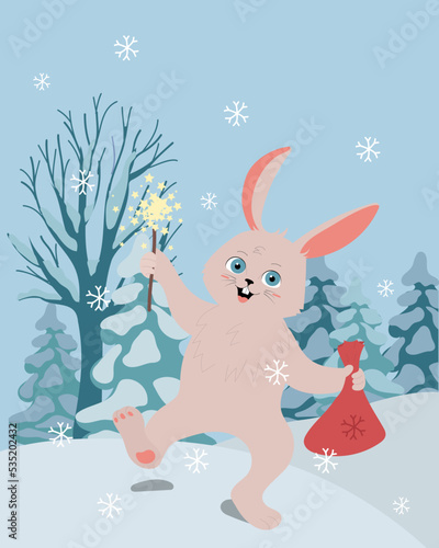 Cute rabbit with Christmas sparklers. Vertical vector illustration for Winter holidays.