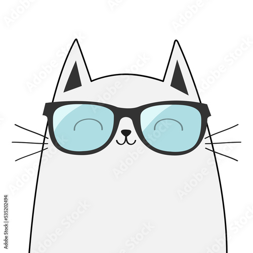 White cat wearing sunglasses eyeglasses. Black contour line outline. Blue lenses. Cute cartoon kawaii funny character. Kitten in eyeglasses. Fashion animal. Blue background. Isolated. Flat design