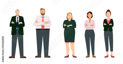 腕組みをする多人種の男女ビジネスマンのイラストセット　8等身　白人　黒人　アジア人