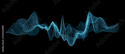 Illustration of abstract wireframe sound waves, visualization of frequency signals audio wavelengths, conceptual futuristic technology waveform background with copy space for text © MikeCS images
