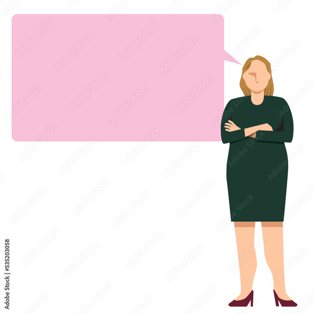 コメントバルーン　吹き出しと腕組みをする太った白人系女性ビジネスマン　8等身