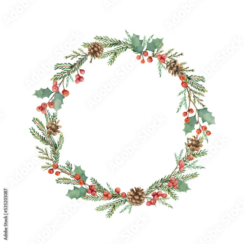 Watercolor vector Christmas frame with fir branches and holly berry.