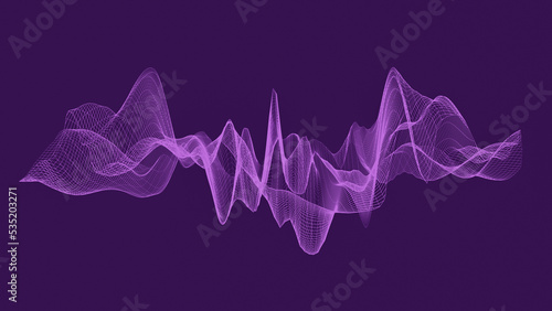 Illustration of purple abstract wireframe sound waves, visualization of frequency signals audio wavelengths, conceptual futuristic technology waveform background with copy space for text © MikeCS images