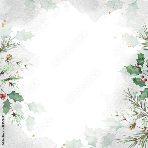 Watercolor Christmas vector card with green leaves and holly berries.