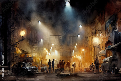 Fototapet Watercolour digital painting featuring a outdoor behind the scenes of a movie set