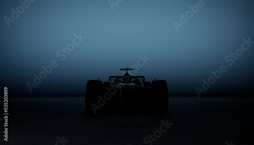 Front view silhouette of a modern generic sports racing car standing in a dark garage. Realistic 3d rendering
