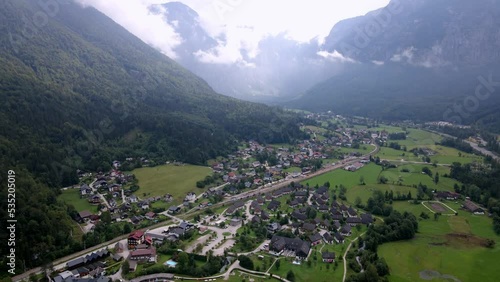 Scenery of beautiful Austria village Obertraun Lake Hallstatt in Salzkammergut. Landscape of Austrian Alps with traditional alpine houses
