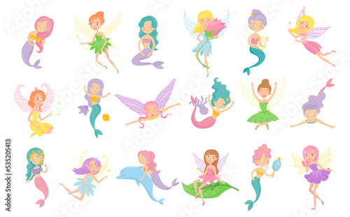 Swimming Mermaids and Flying Fairy with Etherial Wings Big Vector Set