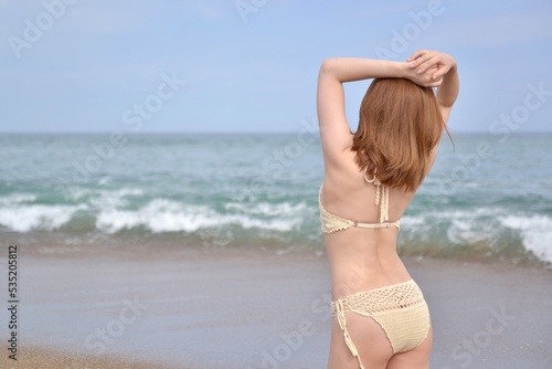 海岸でポーズをとるビキニの水着を着た若くスリムな女性の後ろ姿	