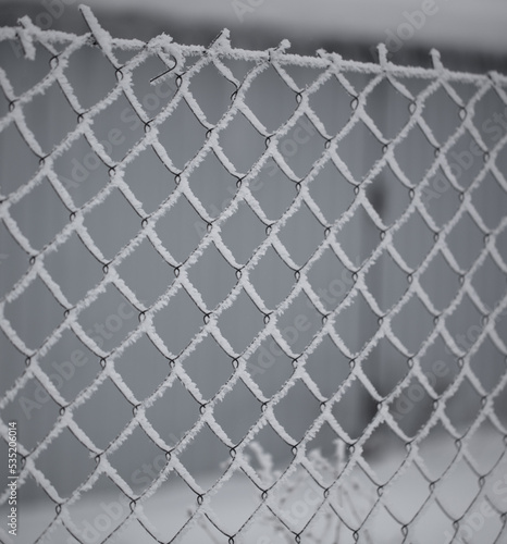 White snowflakes on a metal fence.