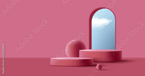 Product pedestal, cylinder 3d podium with arch window and sky, pink interior room