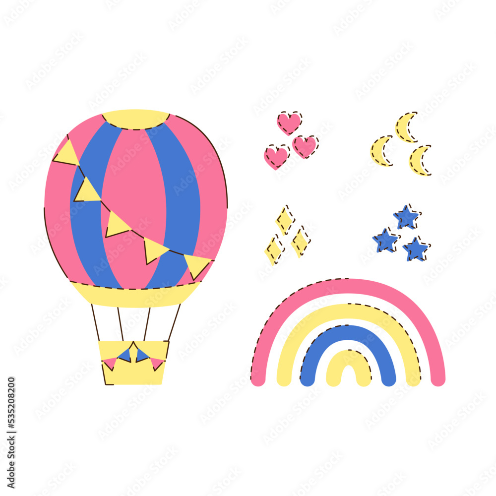 Aerostats and rainbow isolated on white background. Air balloons clipart. Children vector illustration 