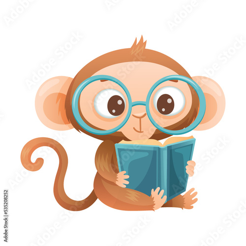 Funny Brown Monkey with Prehensile Tail in Glasses Sitting and Reading Book Vector Illustration