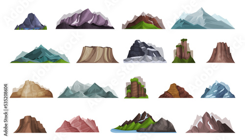 High Mountains and Rocks with Peak as Outdoor Nature and Environment Big Vector Set