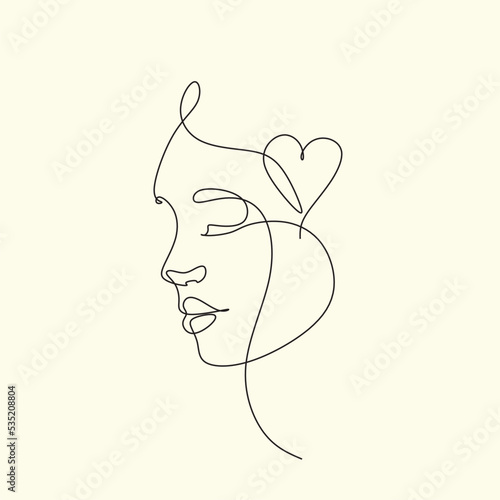 One line drawing abstract heart face of woman. Minimalist romantic logo