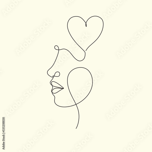 One line drawing abstract heart face of woman. Minimalist romantic logo
