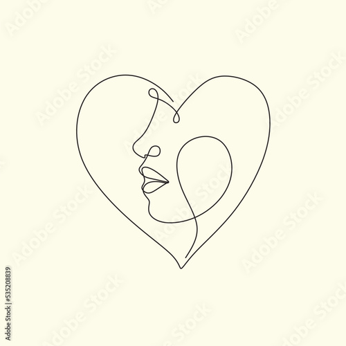 One line drawing abstract heart face of woman. Minimalist romantic logo