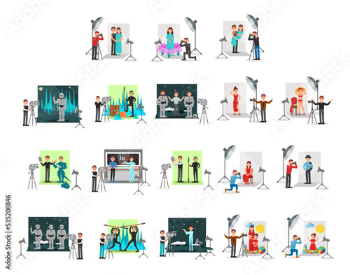 Movie and Photo Studio Production with People Engaged in Filming and Shooting Process Vector Set