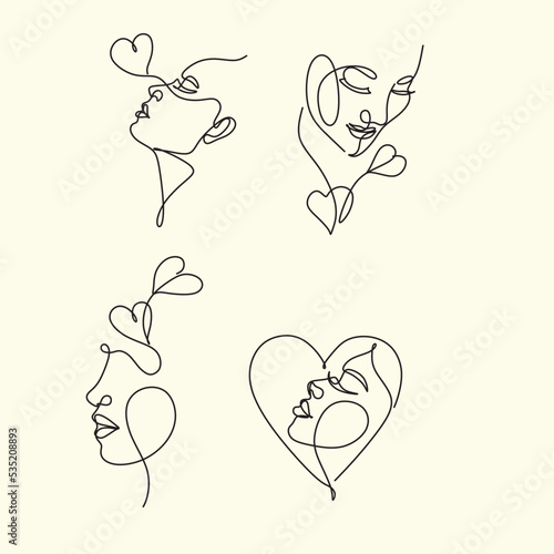 One line drawing abstract heart face of woman. Minimalist romantic logo