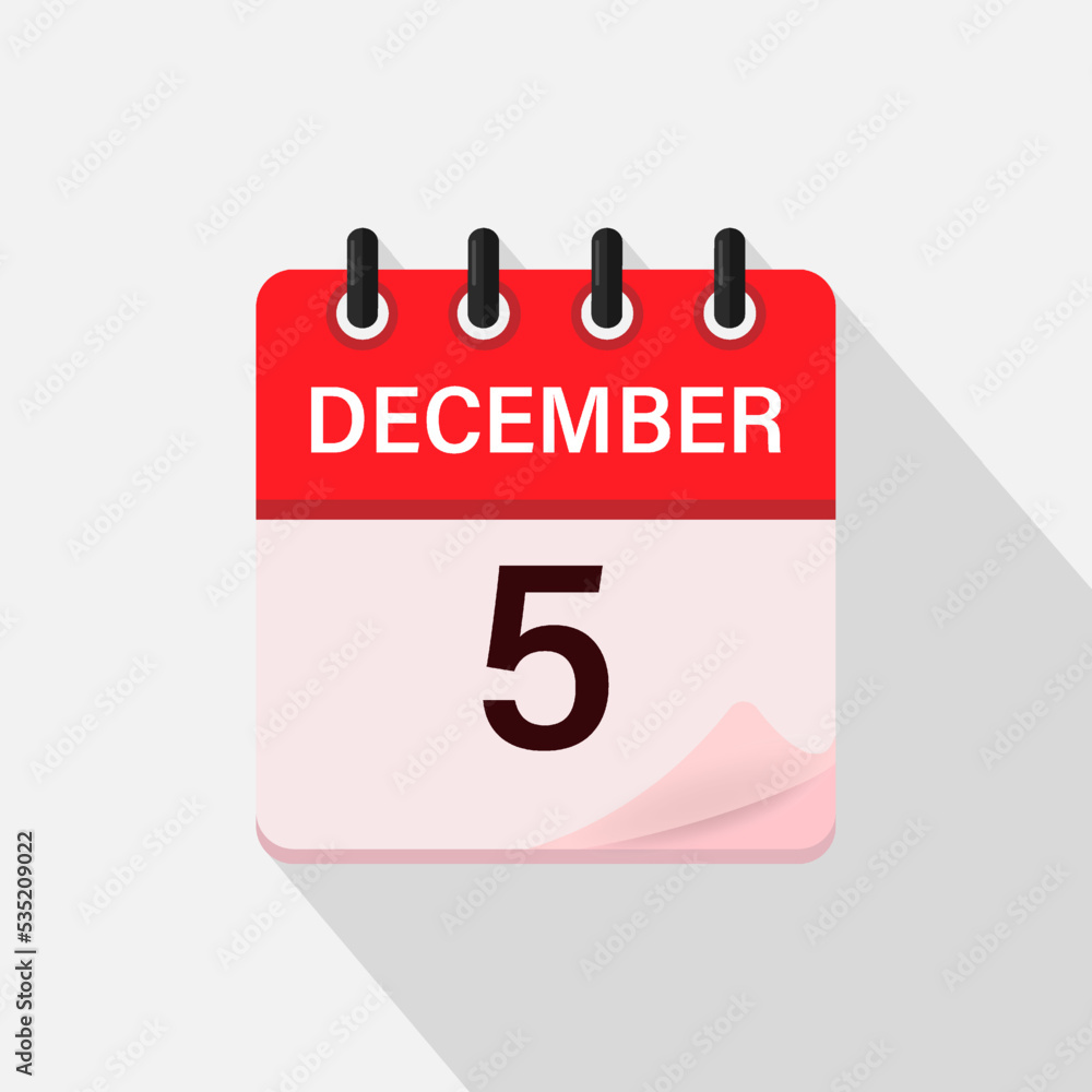 Calendar icon with shadow. December 5, Day, month. Flat vector illustration. Calendar icon with shadow. December 5, Day, month. Flat vector illustration.