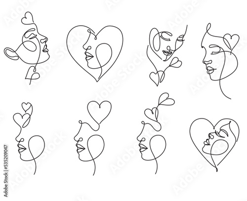 One line drawing abstract heart face of woman. Minimalist romantic logo