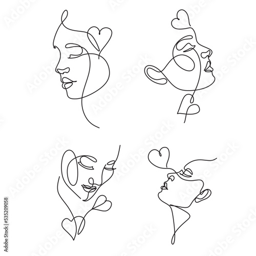 One line drawing abstract heart face of woman. Minimalist romantic logo
