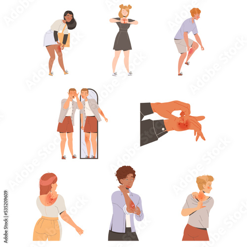 People Characters Suffering from Neurodermatitis Itching, Excessive Rubbing and Scratching Skin Vector Set
