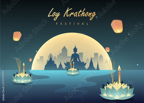 Loy krathong Festival Travel Thailand Poster Design Background Vector Illustration.  Chao Phraya River Holy Place in Thailand Background.Loy krathong Festival Travel Thailand Poster Design Background 