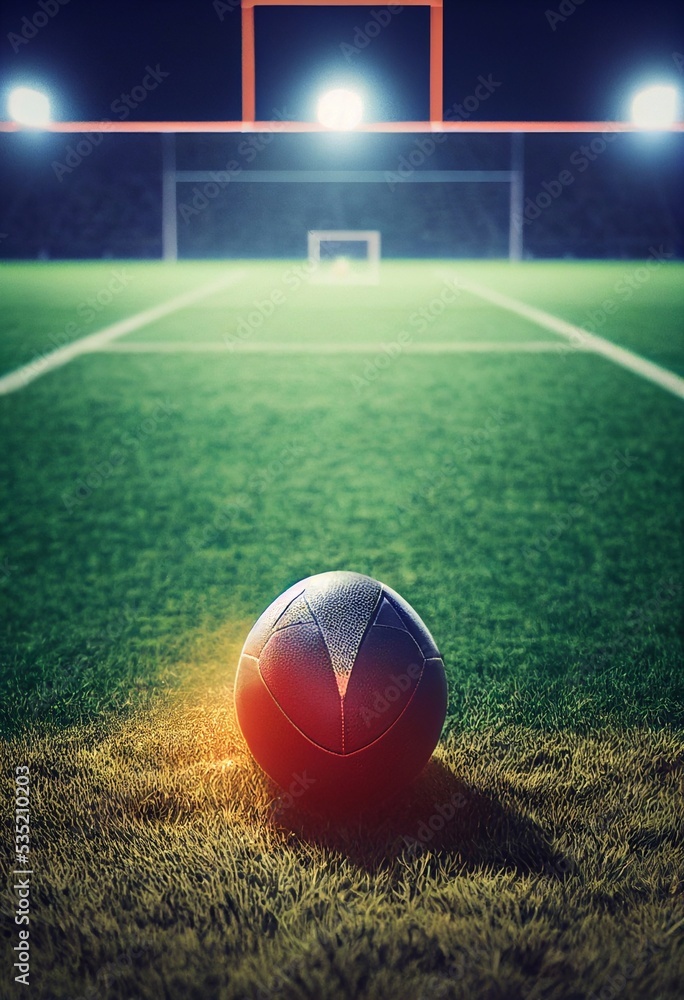 Close up 3D illustration of an American style football on grass with a stadium background. A.I. generated art. Close up 3D illustration of an American style football on grass with a stadium background. A.I. generated art.