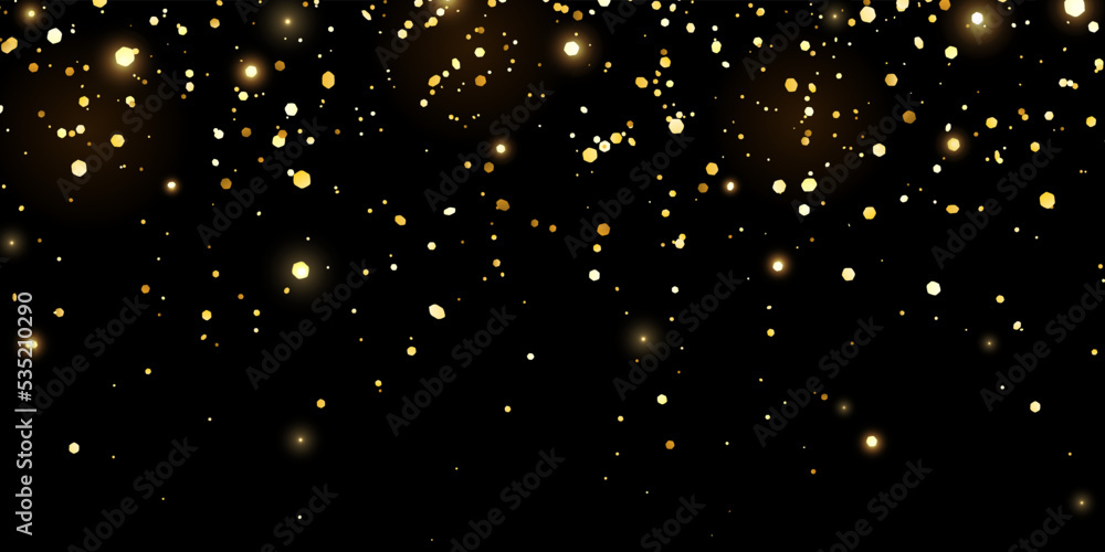 Yellow gold glitter confetti with glow lights on black background. Vector
