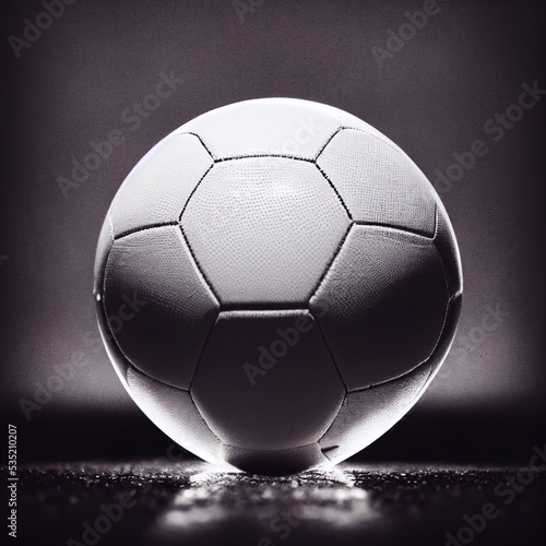 Close up 3D black   white illustration of a football against a grey background. A.I. generated art.