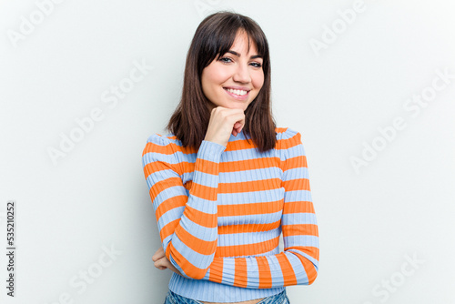 Young caucasian woman isolated on white background smiling happy and confident, touching chin with hand.